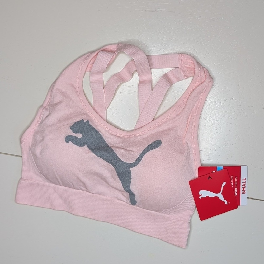 Puma Sports Bra Womens Small Pink Seamless Strappy Back Low Support DryCell Logo